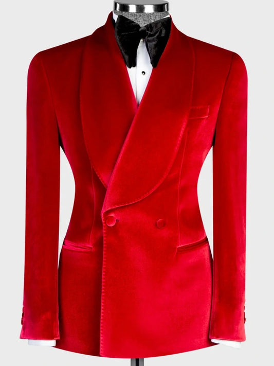 Red Velvet Double-Breasted Shawl Lapel Tuxedo Suit