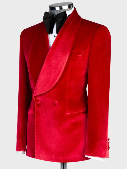 Red Velvet Double-Breasted Shawl Lapel Tuxedo Suit