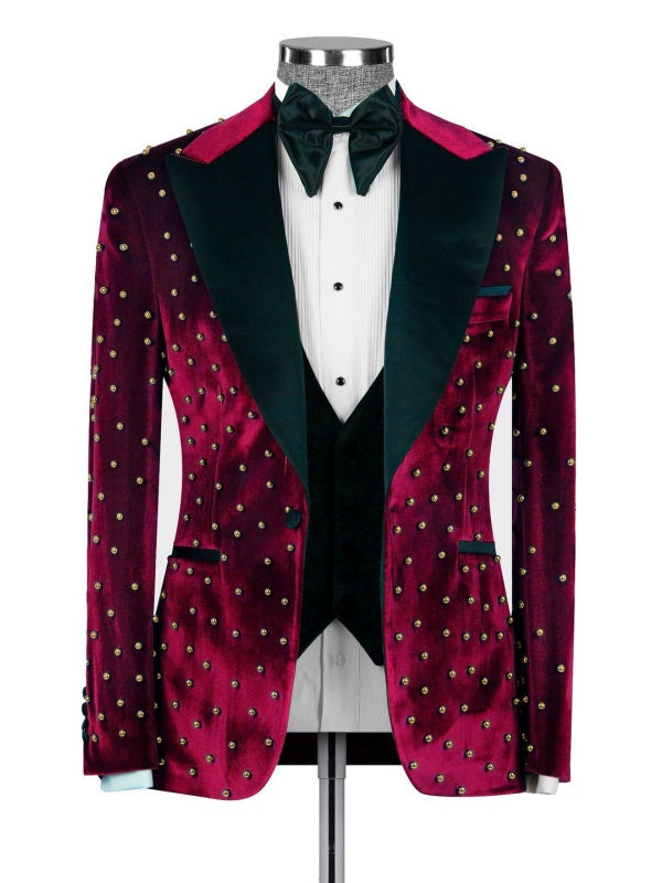 Burgundy Velvet Studded Peak Lapel Tuxedo Suit for Men