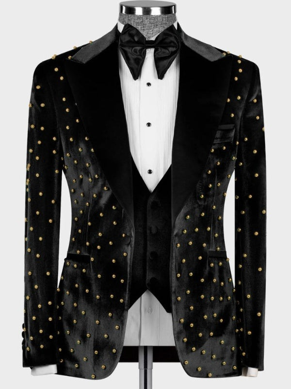 Black Velvet Studded Peak Lapel Tuxedo Suit for Men