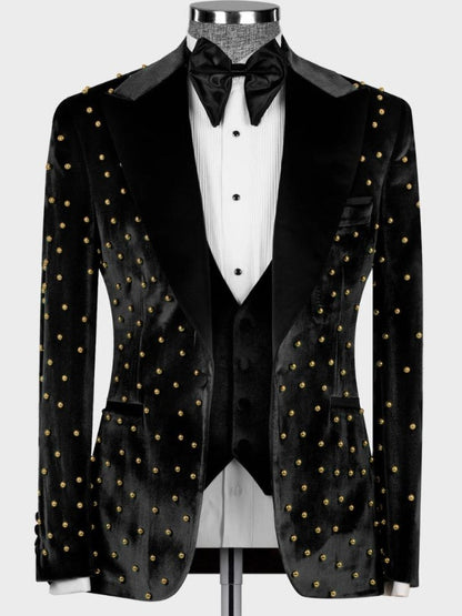 Black Velvet Studded Peak Lapel Tuxedo Suit for Men