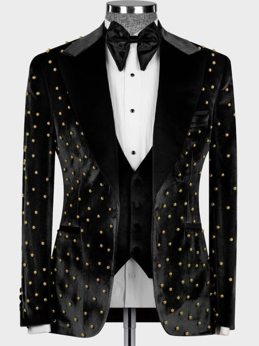Black Velvet Studded Peak Lapel Tuxedo Suit for Men