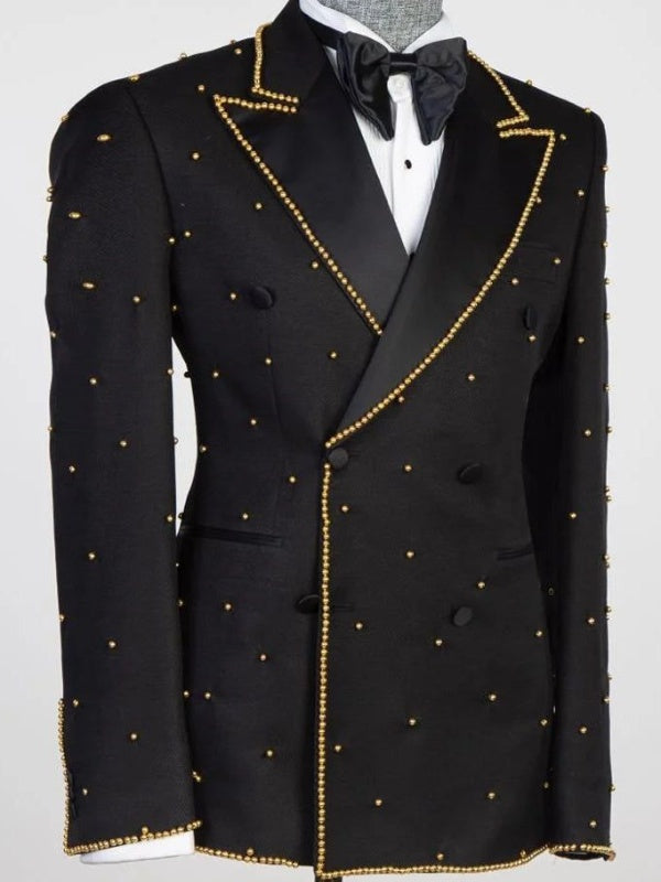 Black Velvet Studded Peak Lapel Tuxedo Suit