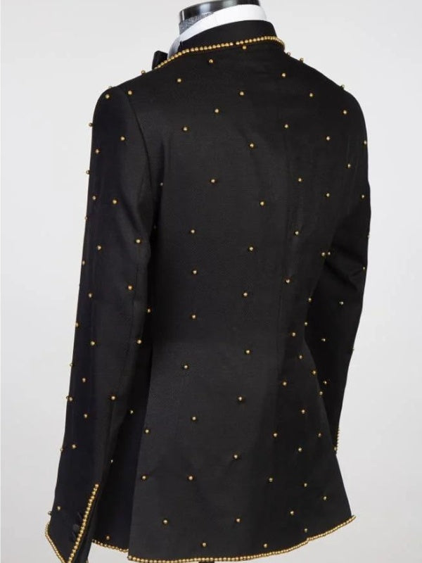 Black Velvet Studded Peak Lapel Tuxedo Suit