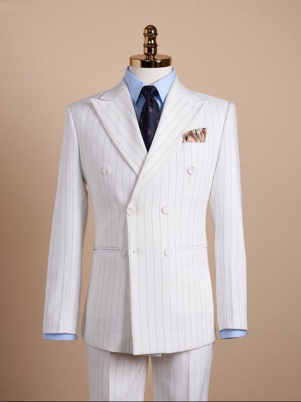 Men’s White Double-Breasted Pinstripe Slim Fit Business Suit