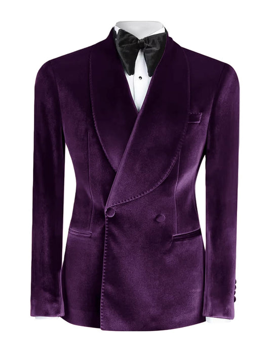 Men’s Deep Purple Velvet Suit – Shawl Lapel Double-Breasted Prom Tuxedo
