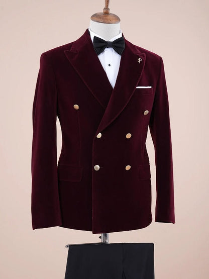 Burgundy Velvet Double-Breasted Tuxedo Suit – Peak Lapel Prom & Wedding Blazer
