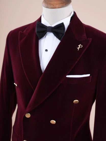 Burgundy Velvet Double-Breasted Tuxedo Suit – Peak Lapel Prom & Wedding Blazer