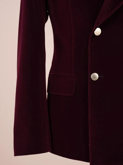 Burgundy Velvet Double-Breasted Tuxedo Suit – Peak Lapel Prom & Wedding Blazer