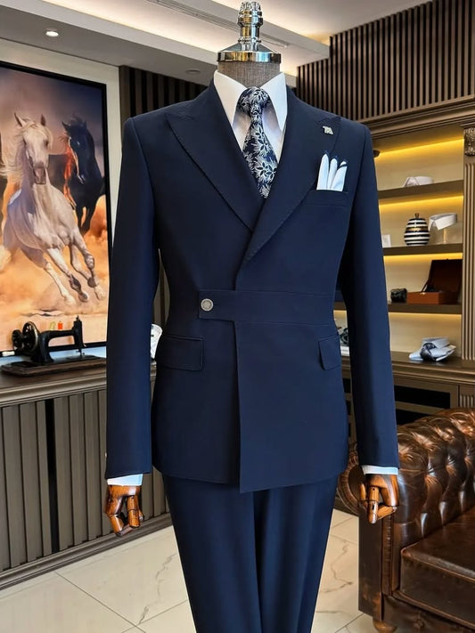 Navy Asymmetrical Double-Breasted Suit with Waist Strap – Modern Tailored Business Set