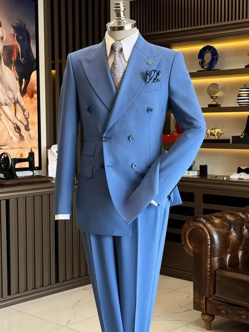 Blue Double-Breasted Suit with Peak Lapel – 2-Piece Formal Wedding Suit
