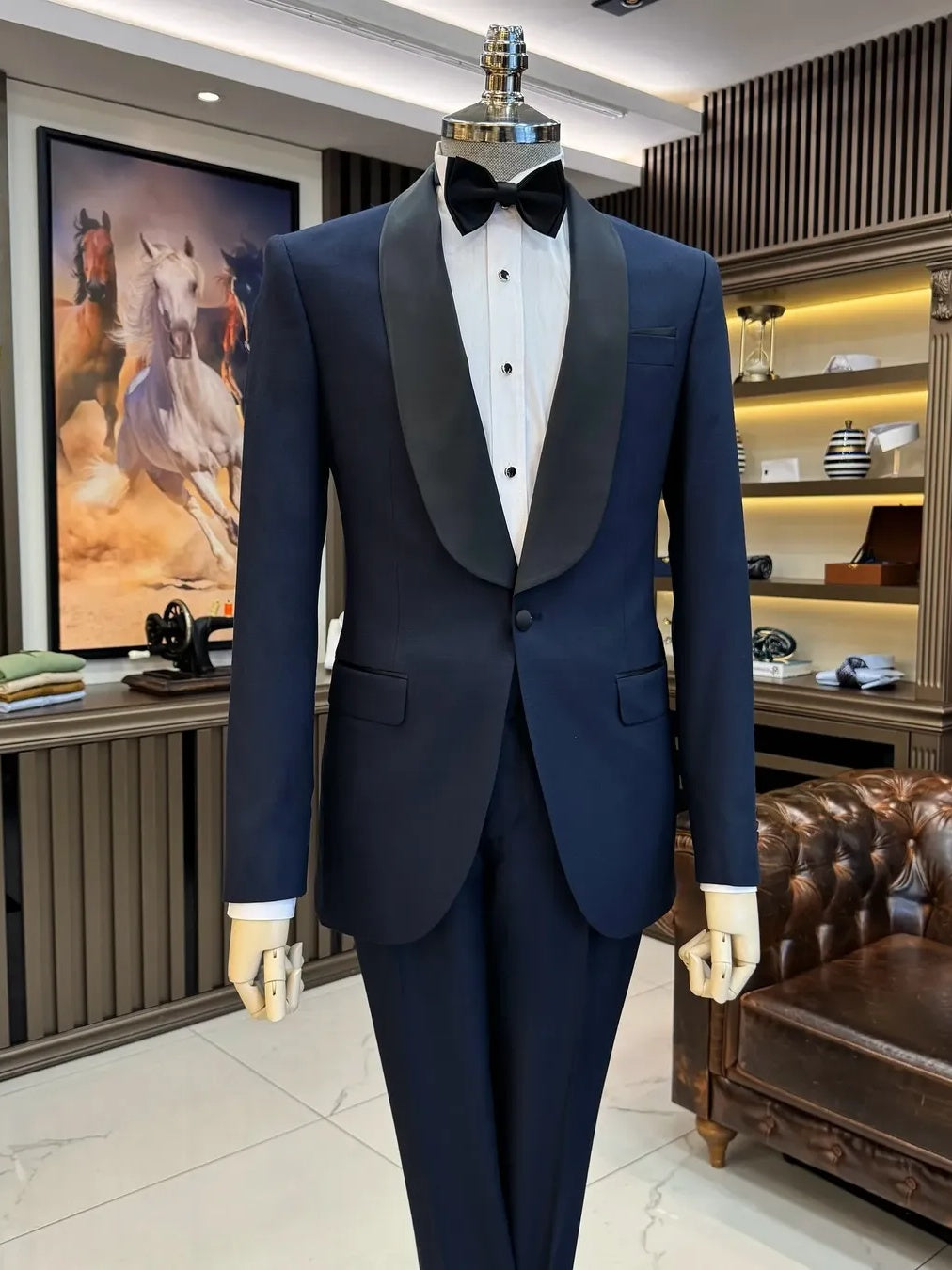 Dark Blue One-Button Shawl Lapel 2-Piece Suit – Slim Fit Prom Suit
