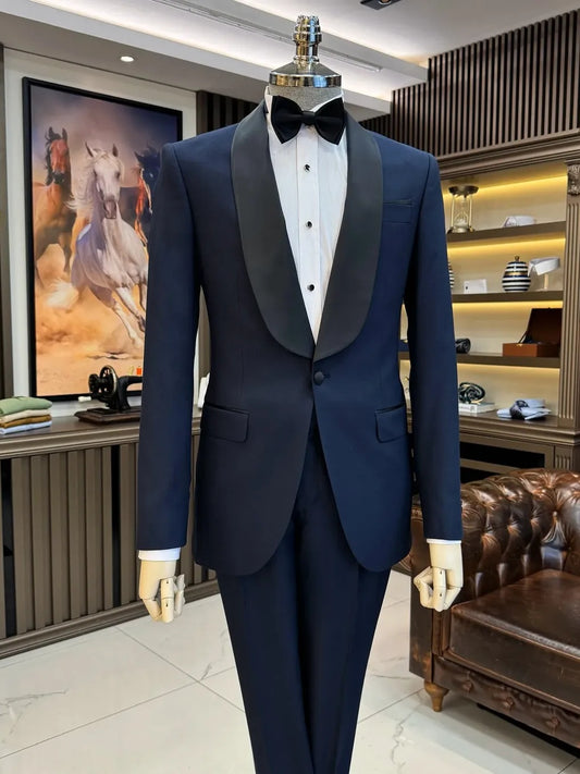 Dark Blue One-Button Shawl Lapel 2-Piece Suit – Slim Fit Prom Suit