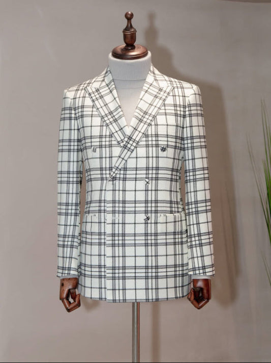 Men’s White Plaid Peak Lapel Suit – Stylish 2-Piece Prom & Wedding Outfit
