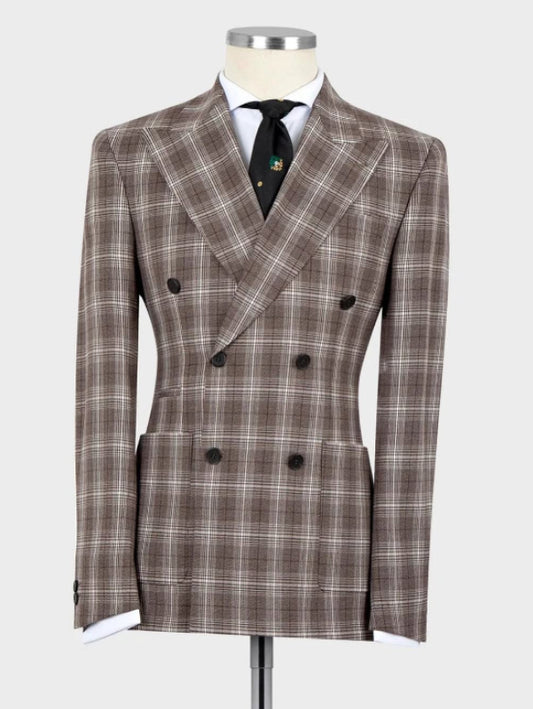 Men’s Brown Plaid Peak Lapel Suit – Stylish 2-Piece Prom & Wedding Outfit