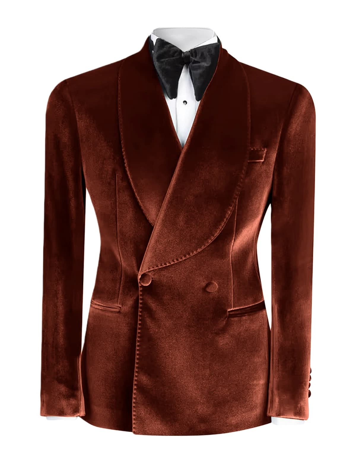 Men’s Brick Red Velvet Suit – Shawl Lapel Double-Breasted Prom Tuxedo