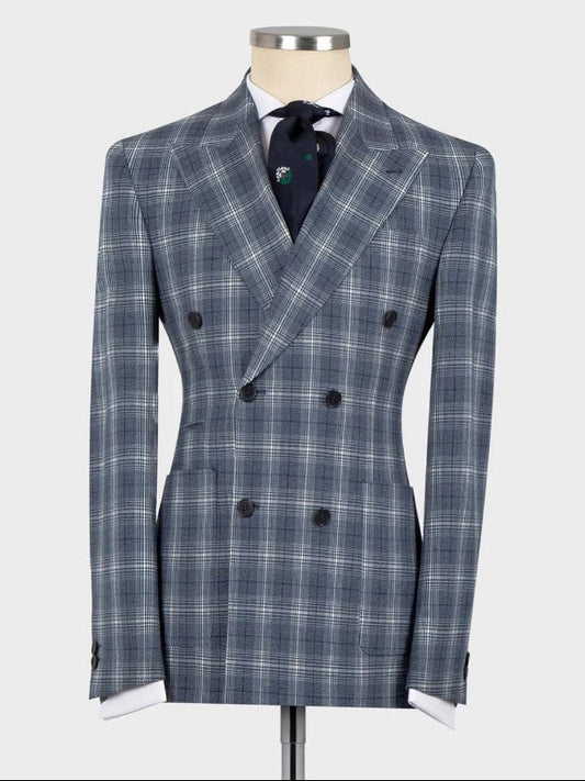 Men’s Blue Plaid Peak Lapel Suit – Stylish 2-Piece Prom & Wedding Outfit
