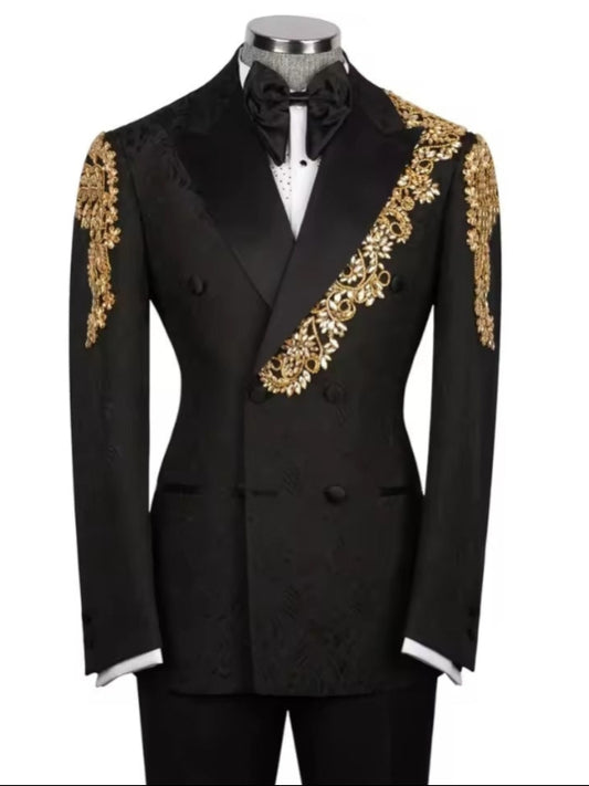 Luxury Black Gold Embroidered Double-Breasted Tuxedo for Men