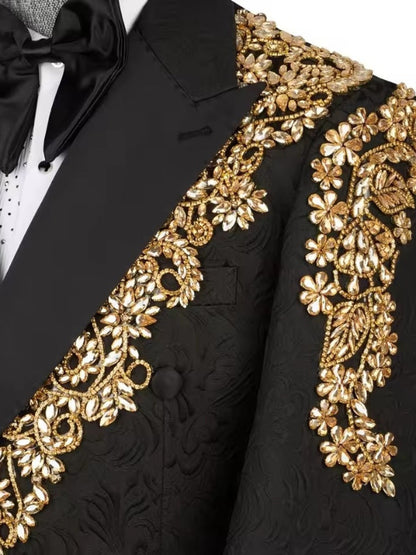 Luxury Black Gold Embroidered Double-Breasted Tuxedo for Men