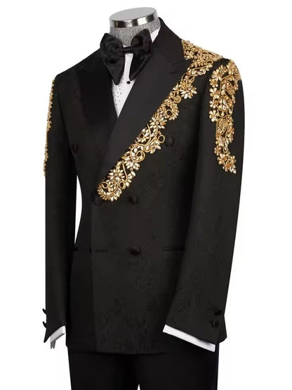 Luxury Black Gold Embroidered Double-Breasted Tuxedo for Men