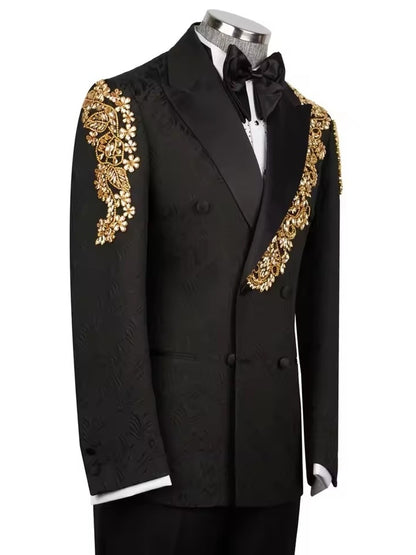 Luxury Black Gold Embroidered Double-Breasted Tuxedo for Men