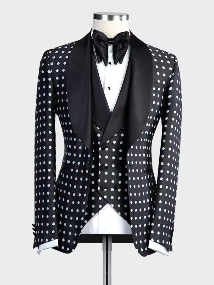 Men’s Black Polka Dot Shawl Lapel Tuxedo – Stylish 3-Piece Formal Suit