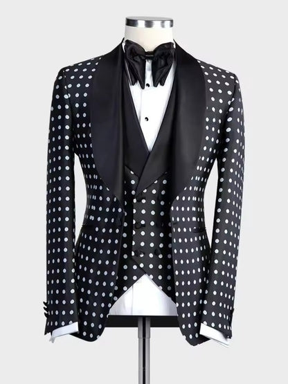 Men’s Black Polka Dot Shawl Lapel Tuxedo – Stylish 3-Piece Formal Suit