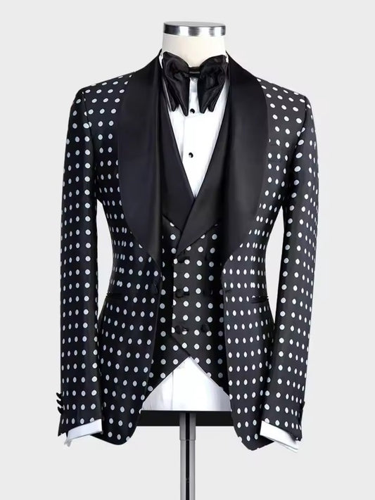 Men’s Black Polka Dot Shawl Lapel Tuxedo – Stylish 3-Piece Formal Suit