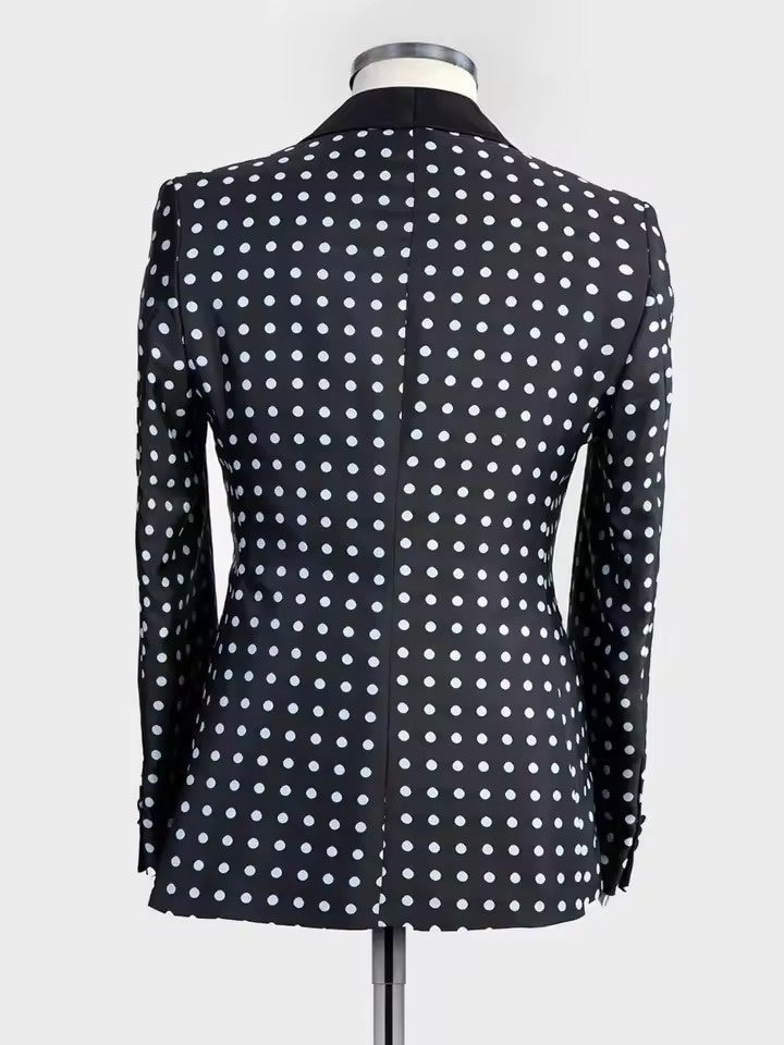 Men’s Black Polka Dot Shawl Lapel Tuxedo – Stylish 3-Piece Formal Suit