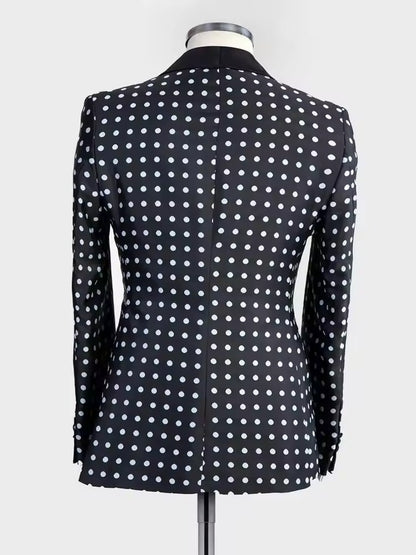 Men’s Black Polka Dot Shawl Lapel Tuxedo – Stylish 3-Piece Formal Suit