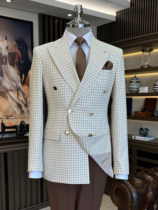 Men’s Beige Houndstooth Double Breasted Suit – Peak Lapel Wedding Formal Blazer