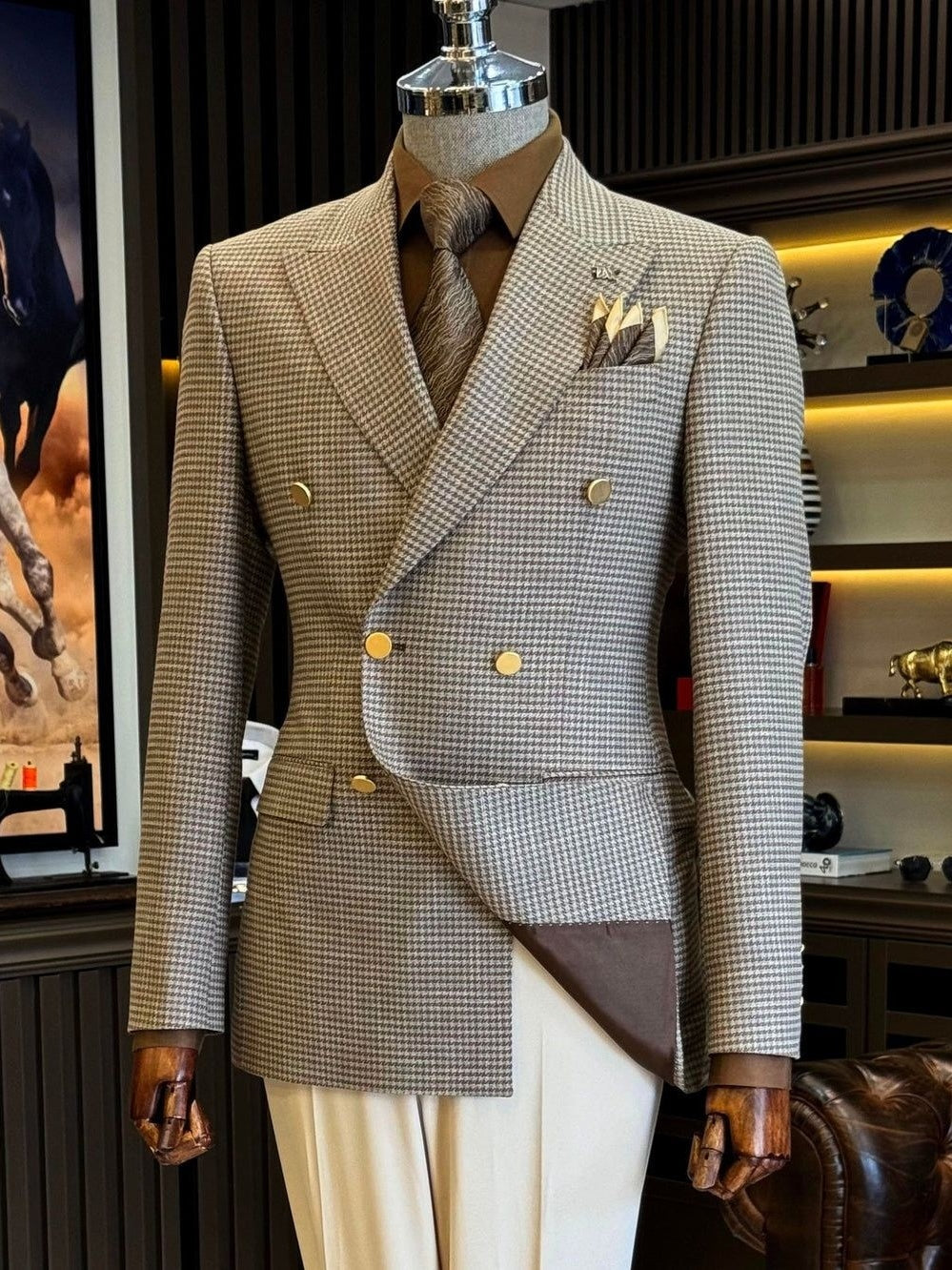Modern Light Brown Houndstooth Suit for Men – Double Breasted Formal Wear