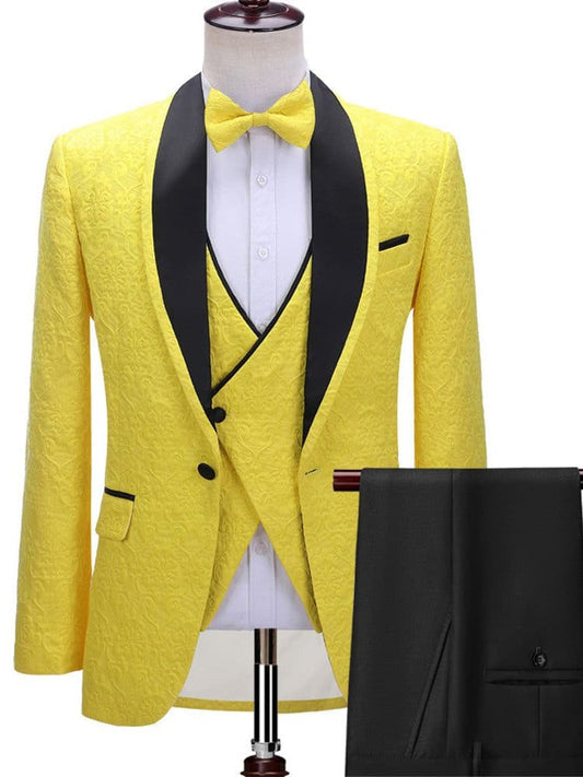 Men’s Yellow Prom Suit 3 Piece – Paisley Shawl Lapel Wedding Tuxedo Slim Fit