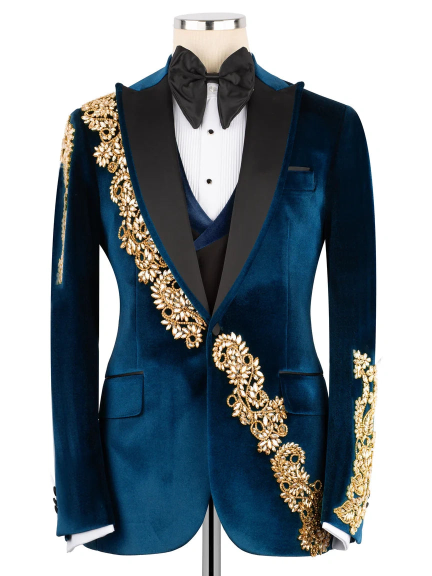 Blue Velvet Peak Lapel Slim Fit Prom Suit