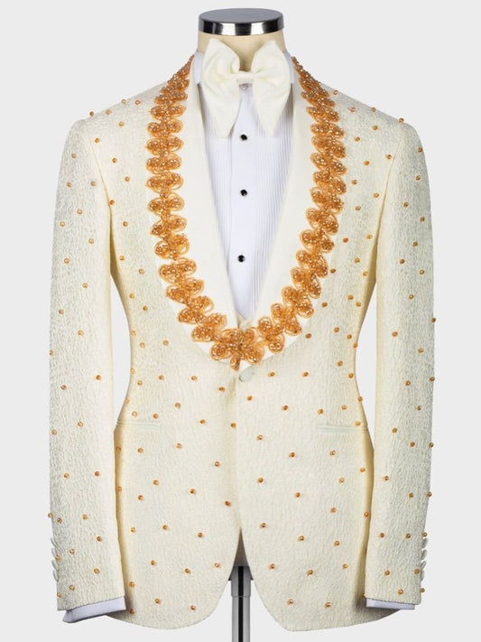 Men’s Beige Crystal Embellished Prom & Wedding Tuxedo Suit