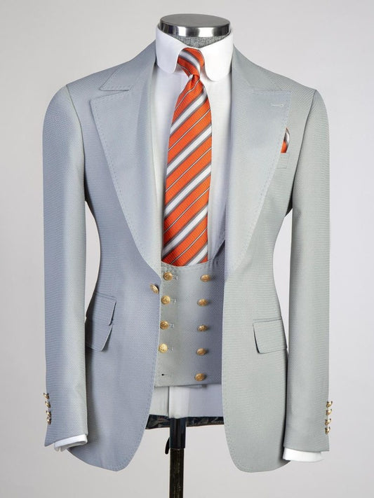 Luxury Light Grey 3 Piece Double Breasted Slim Fit Formal Wedding Tuxedo for Men