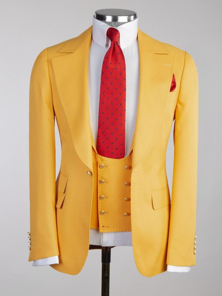 Luxury Yellow 3 Piece Double Breasted Slim Fit Formal Wedding Tuxedo for Men