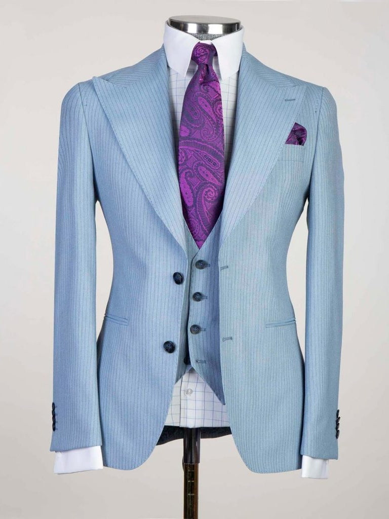 Luxury Light blue striped 3 Pieces Single Breasted Slim Fit Formal Wedding Tuxedo for Men