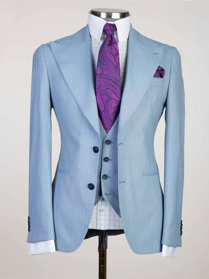 Luxury Light blue striped 3 Pieces Single Breasted Slim Fit Formal Wedding Tuxedo for Men