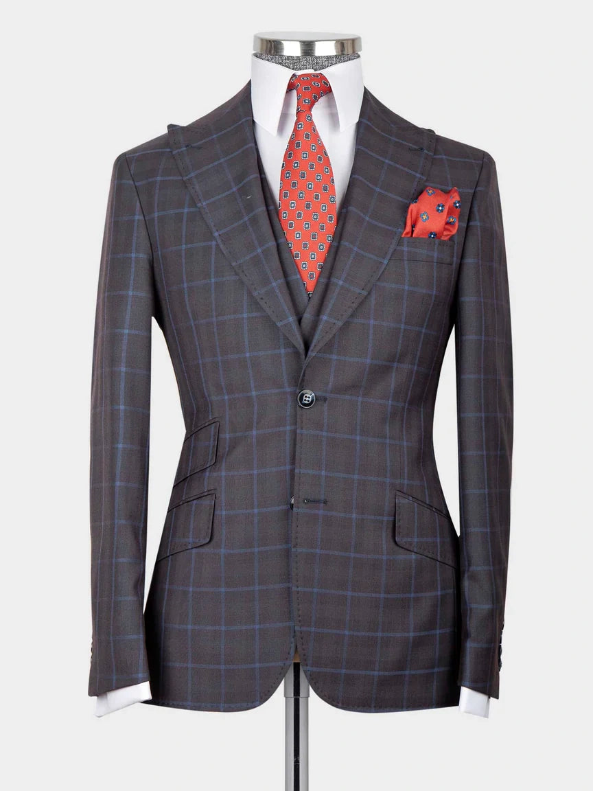 Luxury Gray plaid 3 Piece Single Breasted Slim Fit Formal Tuxedo for Men