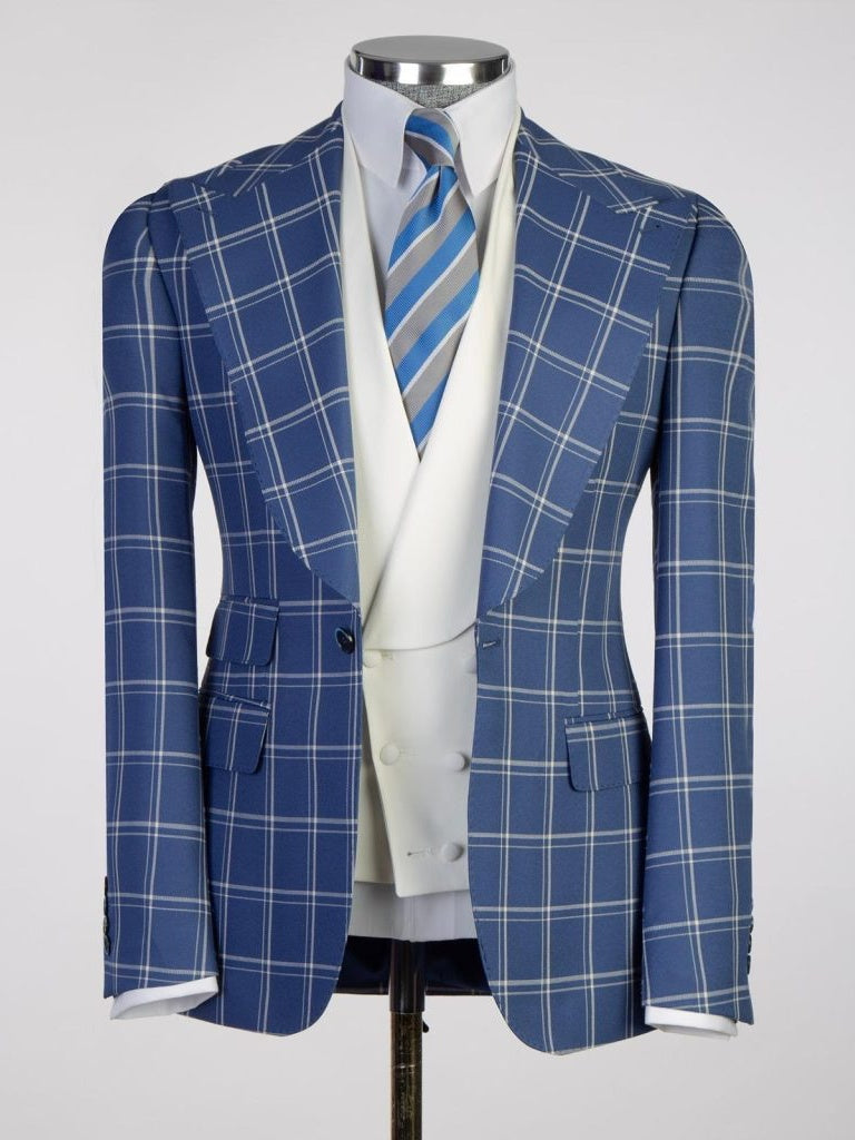 Blue plaid 3 Piece Single Breasted Slim Fit Formal Tuxedo for Men