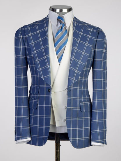 Blue plaid 3 Piece Single Breasted Slim Fit Formal Tuxedo for Men