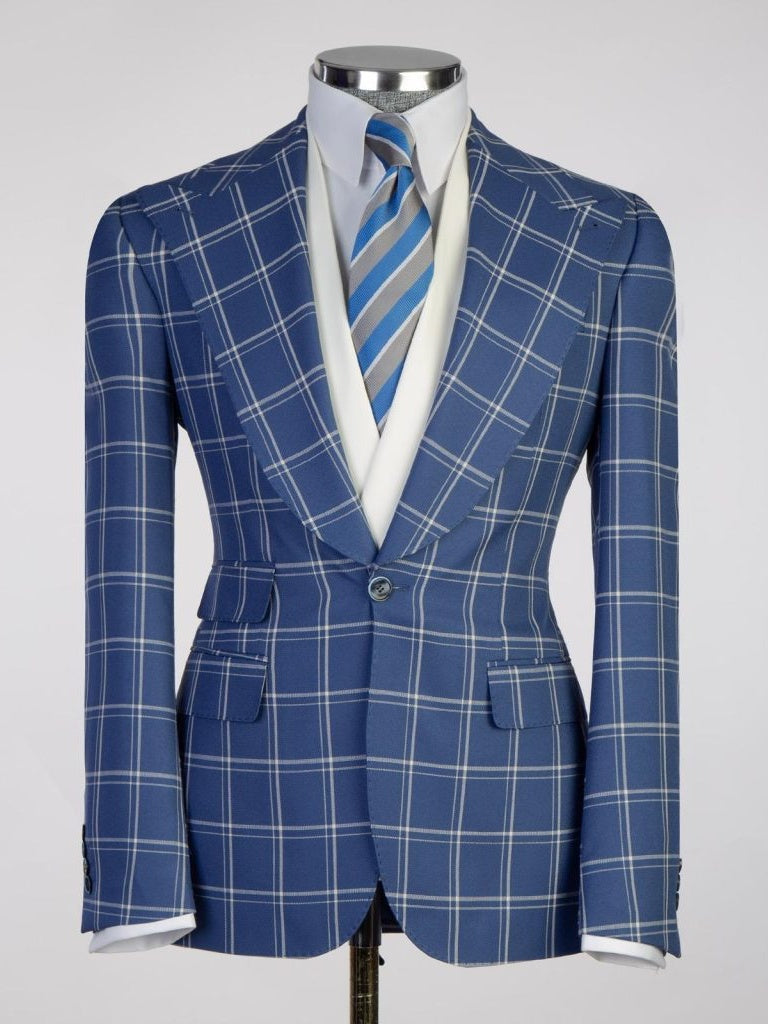 Blue plaid 3 Piece Single Breasted Slim Fit Formal Tuxedo for Men
