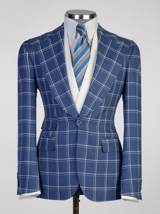 Blue plaid 3 Piece Single Breasted Slim Fit Formal Tuxedo for Men