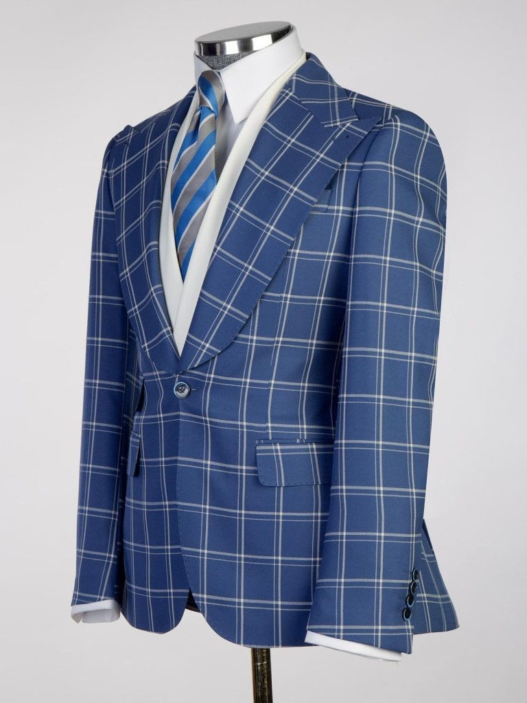 Blue plaid 3 Piece Single Breasted Slim Fit Formal Tuxedo for Men