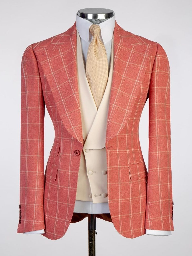 Orange plaid 3 Piece Single Breasted Slim Fit Formal Wedding Tuxedo for Men