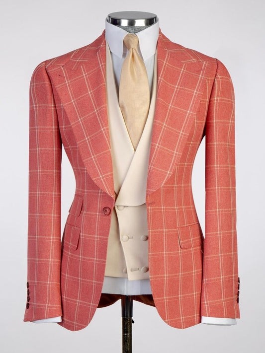 Orange plaid 3 Piece Single Breasted Slim Fit Formal Wedding Tuxedo for Men