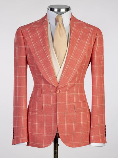 Orange plaid 3 Piece Single Breasted Slim Fit Formal Wedding Tuxedo for Men