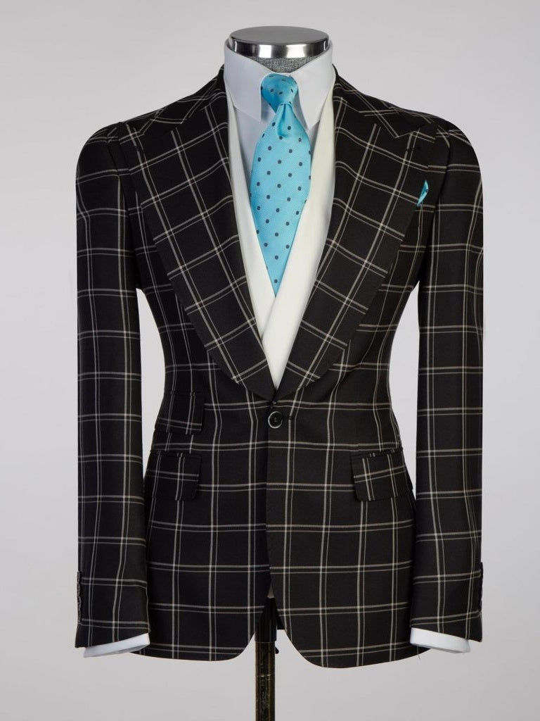 Black plaid 3 Piece Single Breasted Slim Fit Formal Tuxedo for Men