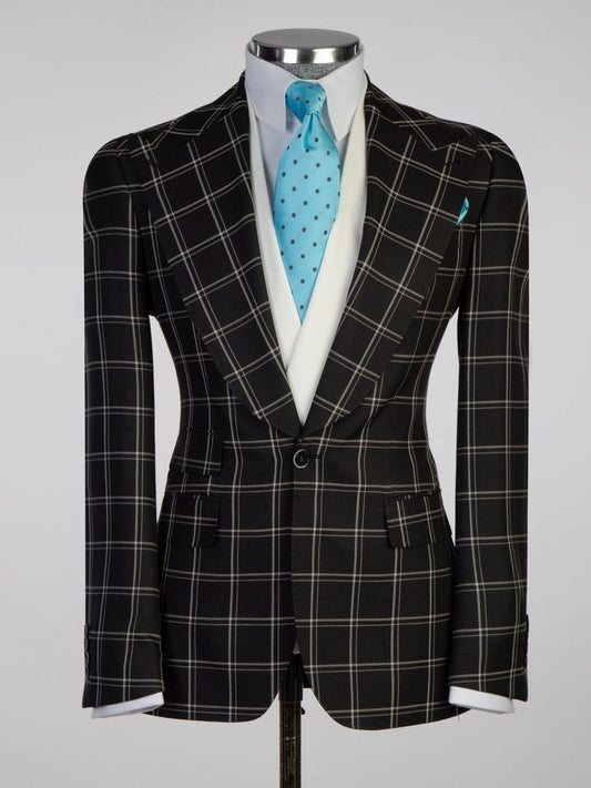 Black plaid 3 Piece Single Breasted Slim Fit Formal Tuxedo for Men